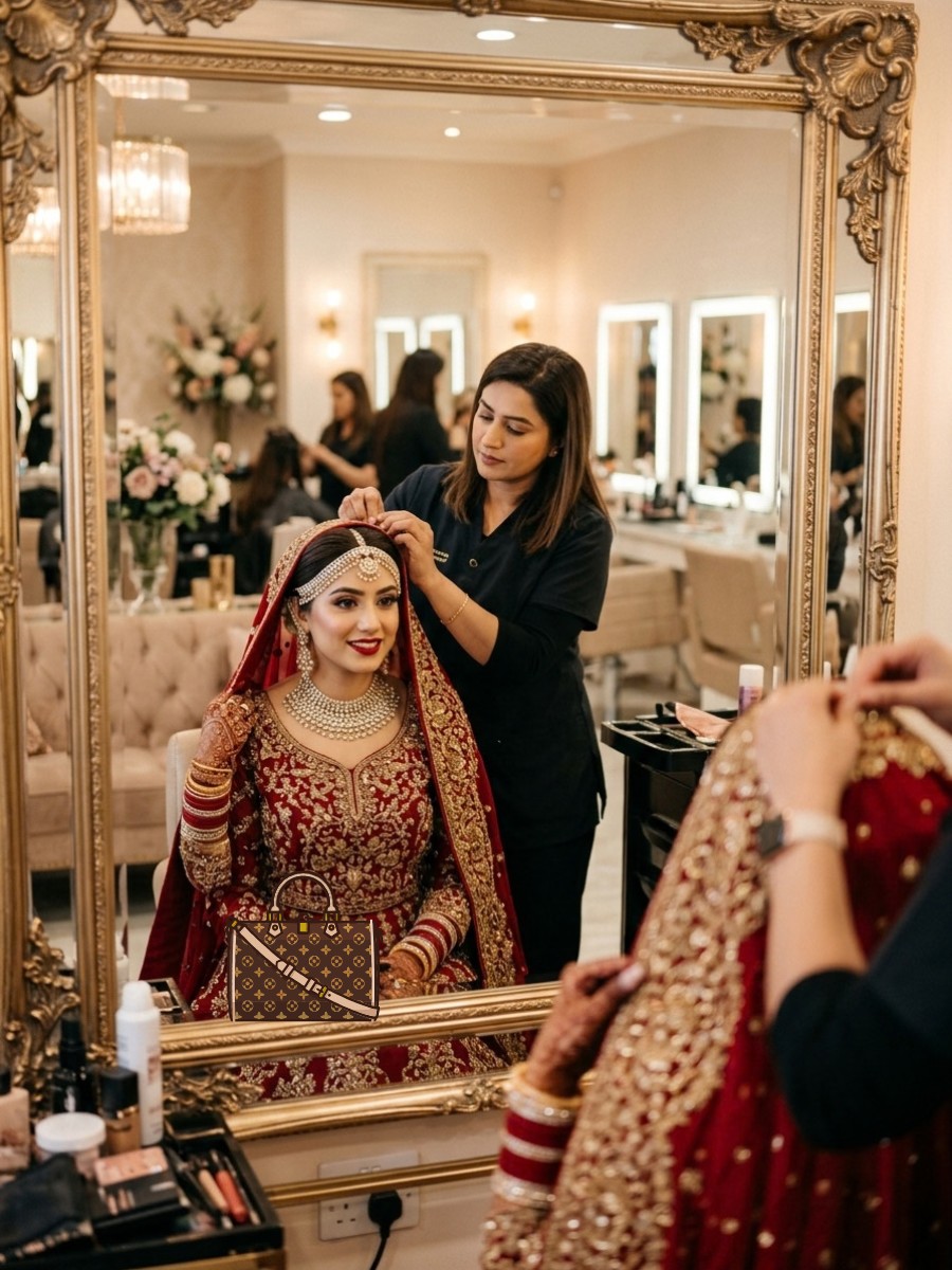 Beautician draping and setting royal red dupatta and jewelry on Pakistani bride