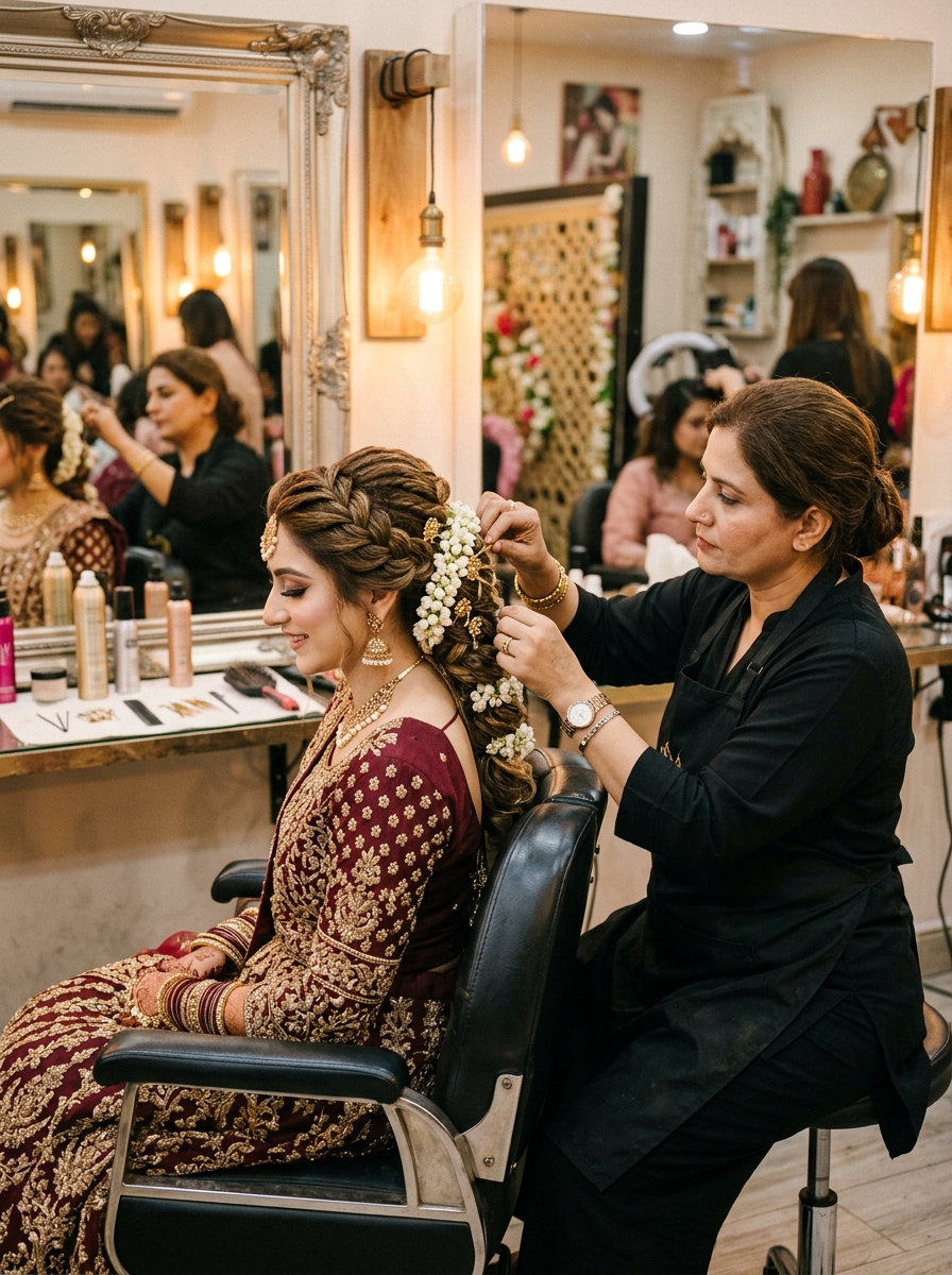 Hairstylist sculpting braided updo with gajra